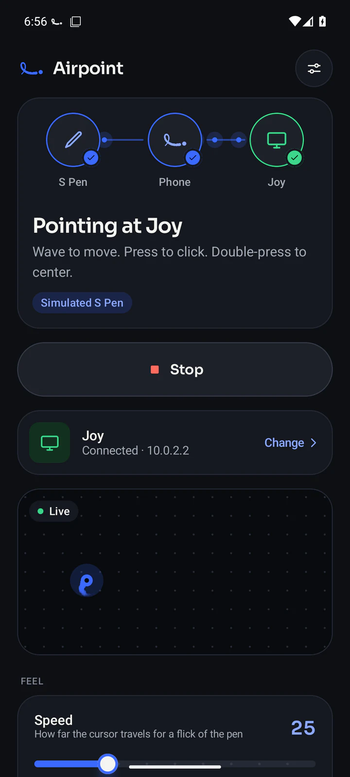 Home while pointing: S Pen, Phone and Joy linked with checks, “Pointing at Joy”, a Stop button, Joy connected, and the live pad that mirrors the pen.