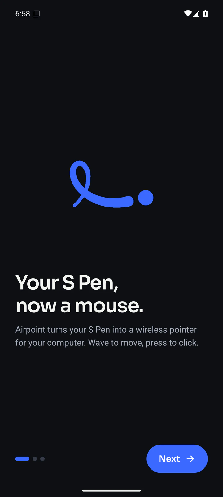 Airpoint’s welcome screen: the blue Loop mark above “Your S Pen, now a mouse.”, a line about waving to move and pressing to click, and a Next button.