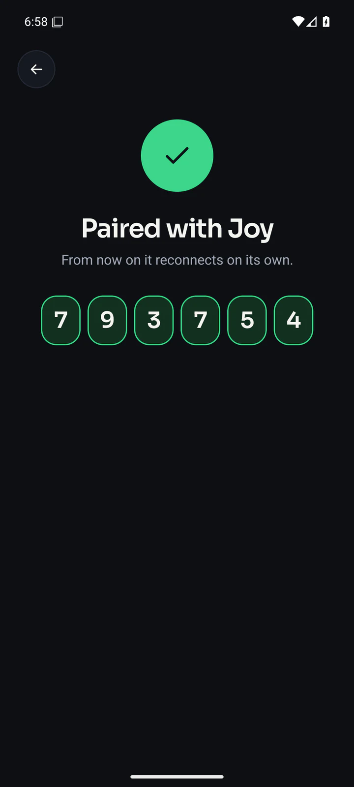 PIN accepted: a green check, “Paired with Joy”, “From now on it reconnects on its own.” and six green PIN cells.