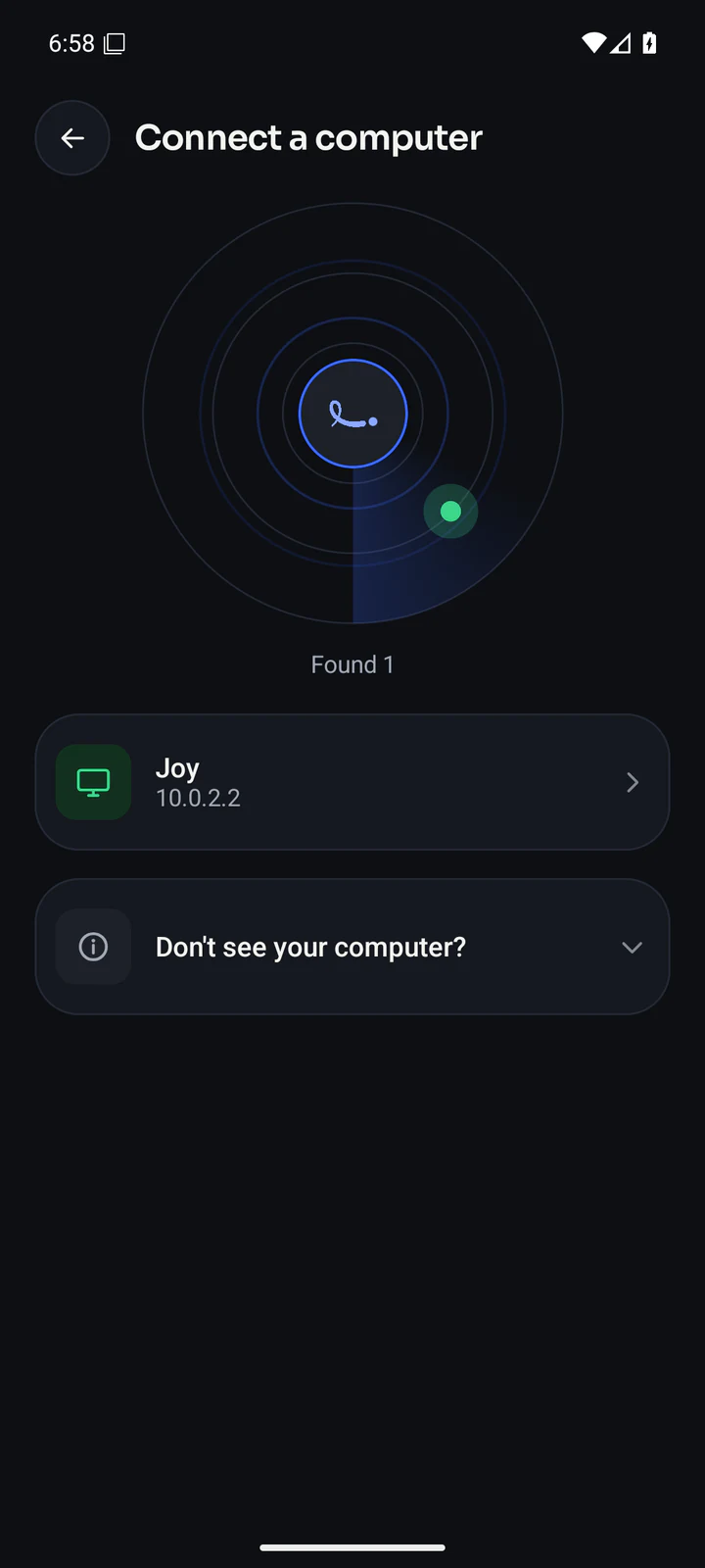 Connect a computer: a radar sweep around the Loop has found one computer, shown as a green blip, and lists Joy at 10.0.2.2 below it.