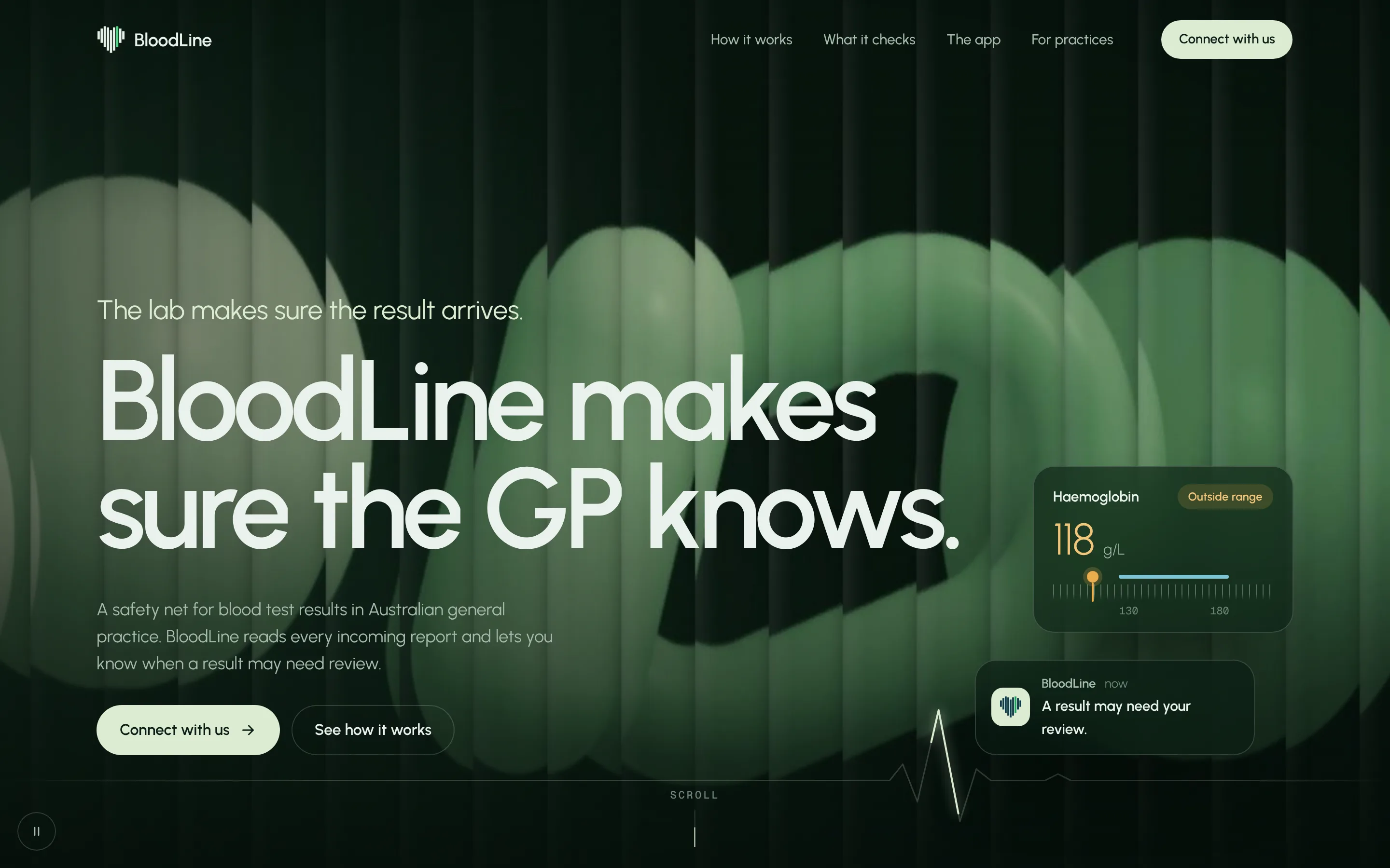 BloodLine website hero. 'The lab makes sure the result arrives. BloodLine makes sure the GP knows.' over a deep green background, with a Haemoglobin 118 g/L card marked Outside range.
