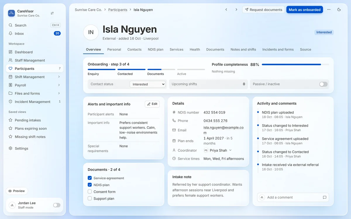 Liquid Glass participant record, laid out as a page with an onboarding stepper, details and an activity feed.