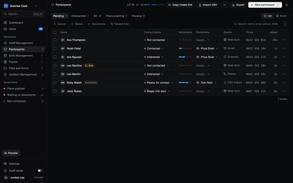 Midnight Pro participants table, with saved filters, inline status menus and document progress bars.