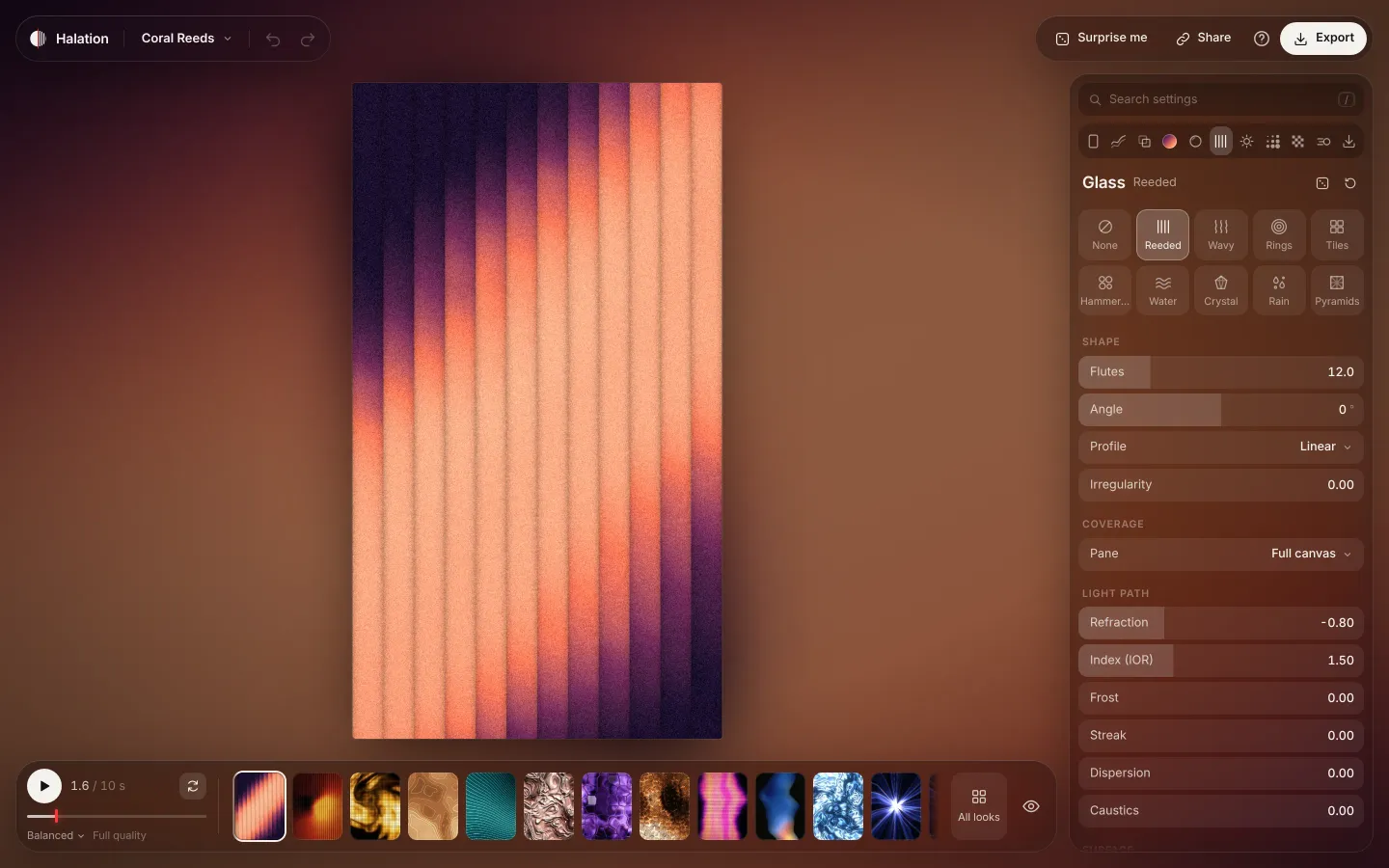 The Halation editor on Coral Reeds: the artwork in a portrait frame, lit room around it, a frosted top bar with the look name and Export, the Glass tab of the inspector with Reeded selected and 12 flutes, and the dock with a red playhead and a strip of looks.