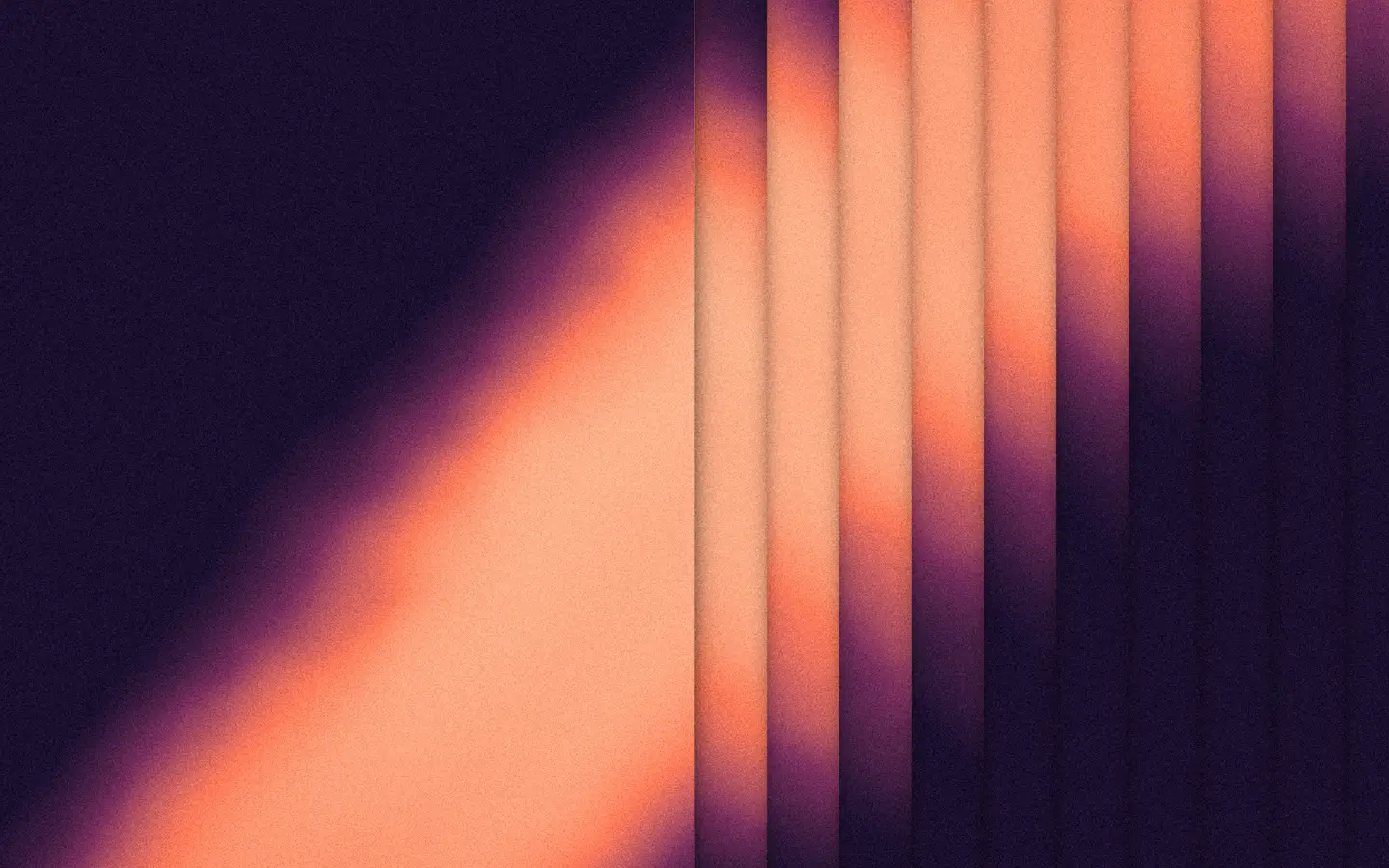 Coral Reeds with the glass covering only the right half: the bands are smooth on the left and stepped into bars on the right, with a thin lit edge where the pane ends.